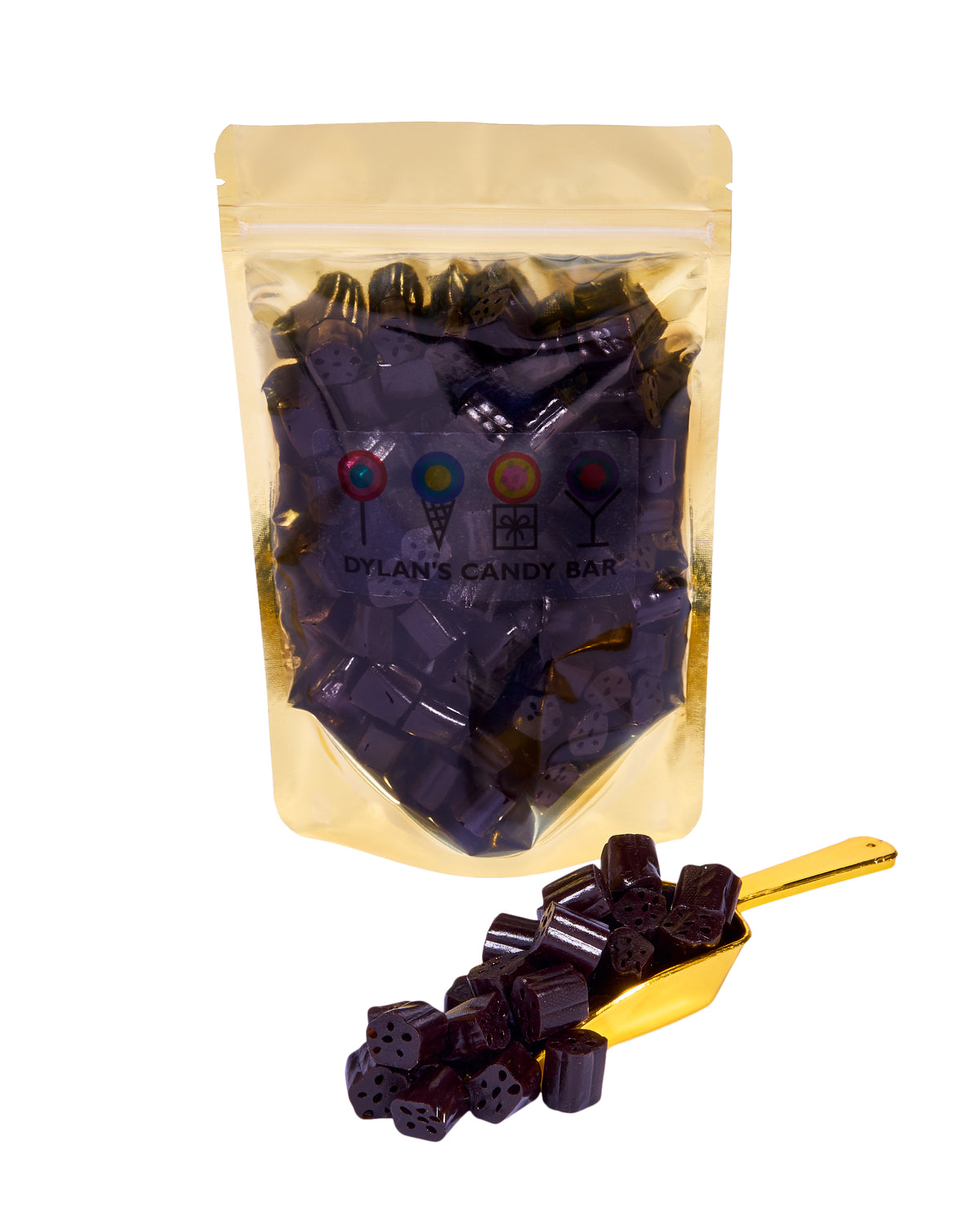 Black Licorice Bites in resealable gold mylar bag next to Black Licorice Bites overflowing from gold scoop
