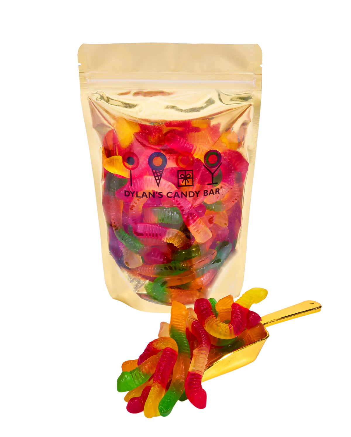 Fruity Gummy Worms in resealable gold mylar bag next to Fruity Gummy Worms overflowing from gold scoop