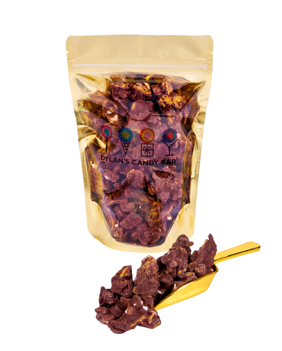 OMG! Dark Chocolaty Clusters in resealable gold mylar bag next to OMG! Dark Chocolaty Clusters overflowing from gold scoop