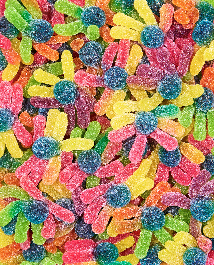 Zoomed-in Sour Fruity Gummy Octopus Mix